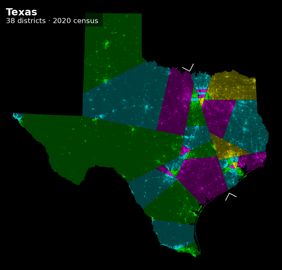 Texas divided into 38 districts