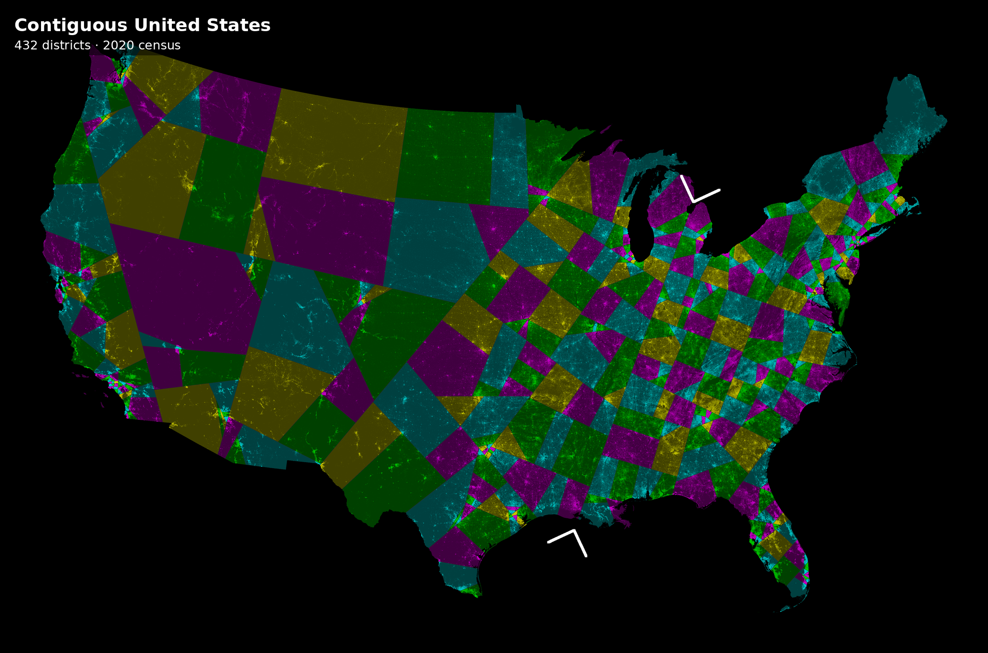Shortest-splitline districting of the contiguous United States, 432 districts, 2020 census